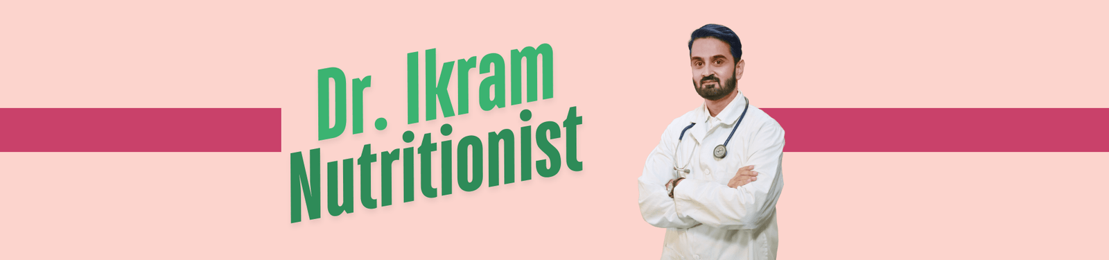 A horizontal banner image with a light peach and magenta split background, featuring a portrait of a smiling Dr. Ikram in a white medical coat with a stethoscope, and green text on the left reading 'Dr. Ikram Nutritionist'.