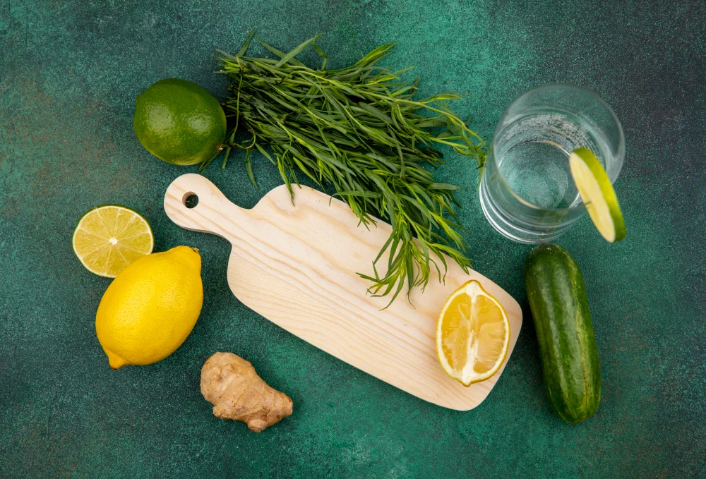 Fresh ginger, cucumber, and citrus for gut health, recommended by the best dietitian in Karachi for IBS.