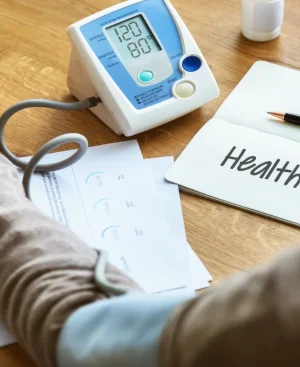 Digital blood pressure monitor reading 120/80 mmHg during a clinical hypertension diet chart evaluation.