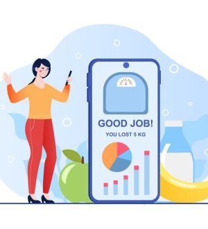 Vector illustration of a woman tracking weight loss progress on a mobile app displaying a "Good Job! You Lost 5 KG" notification next to healthy fruits.