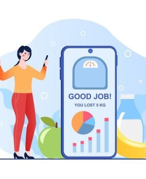 Vector illustration of a woman tracking weight loss progress on a mobile app displaying a "Good Job! You Lost 5 KG" notification next to healthy fruits.