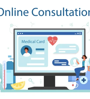 Flat vector illustration of a doctor conducting an online medical consultation for weight loss and metabolic care on a computer screen.