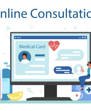 Flat vector illustration of a doctor conducting an online medical consultation for weight loss and metabolic care on a computer screen.