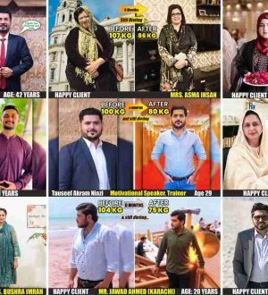 Before and after weight loss transformations of nine Dr. Ikram clients in Karachi and Dubai, showcasing results like 124kg to 90kg. Dr. Ikram success stories and weight reduction stats.