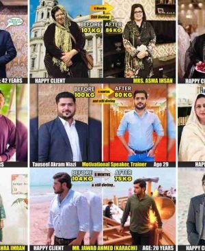 Before and after weight loss transformations of nine Dr. Ikram clients in Karachi and Dubai, showcasing results like 124kg to 90kg. Dr. Ikram success stories and weight reduction stats.