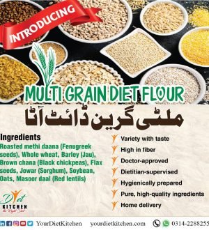 An advertisement for Dr. Ikram’s Multi Grain Diet Flour, featuring an image of various whole grains and seeds. The ad lists detailed ingredients like roasted methi daana, barley, and flax seeds, and key benefits such as high fiber, doctor-approved, and home delivery.