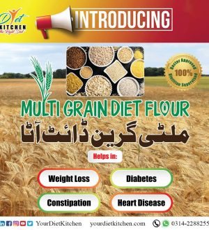 Promotional banner for Diet Kitchen introducing Multi Grain Diet Flour, featuring a wheat field background, an assortment of whole grains, and a "Doctor Approved, 100% Dietitian Supervised" seal. The ad highlights benefits for weight loss, diabetes, constipation, and heart disease, with contact details for yourdietkitchen.com.