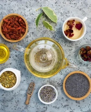 Herbal teas and digestive seeds recommended in an IBS diet chart Pakistan to soothe intestinal cramping.