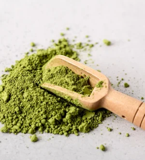 Fresh green organic moringa leaf powder in a wooden scoop, highlighting the natural moringa powder benefits in Pakistan for joint pain and metabolic health.