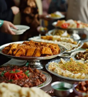 A traditional Pakistani wedding buffet line filled with silver serving platters of roasted meats, kebabs, gravies, and appetizers as guests in festive formal attire serve food.