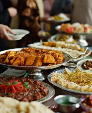A traditional Pakistani wedding buffet line filled with silver serving platters of roasted meats, kebabs, gravies, and appetizers as guests in festive formal attire serve food.