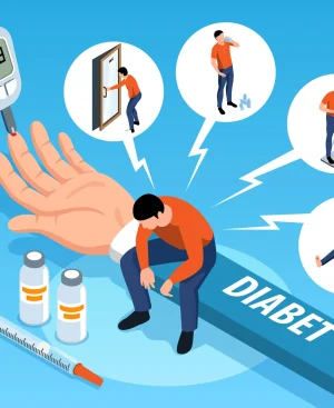 An isometric illustration depicting common diabetes symptoms like extreme thirst, frequent urination, and fatigue alongside a blood glucose meter, supporting a natural diabetes diet plan in Pakistan.