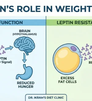 A comparative infographic diagram showing Leptin's role in weight loss. It illustrates normal function where fat cells signal the brain's hypothalamus to reduce hunger versus Leptin resistance in obesity where the signal is blocked, causing increased appetite.