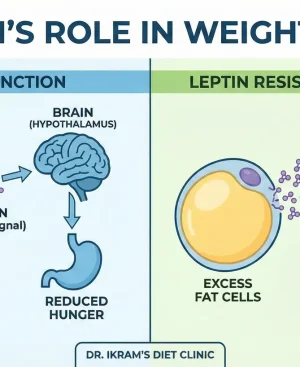 A comparative infographic diagram showing Leptin's role in weight loss. It illustrates normal function where fat cells signal the brain's hypothalamus to reduce hunger versus Leptin resistance in obesity where the signal is blocked, causing increased appetite.
