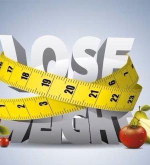 3D graphic of "LOSE WEIGHT" text wrapped in a measuring tape, surrounded by fruits, illustrating concepts of fast weight loss diets.