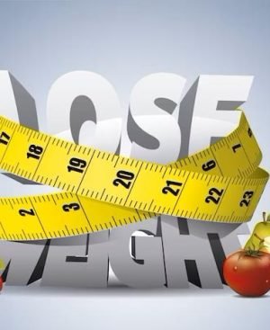 3D graphic of "LOSE WEIGHT" text wrapped in a measuring tape, surrounded by fruits, illustrating concepts of fast weight loss diets.