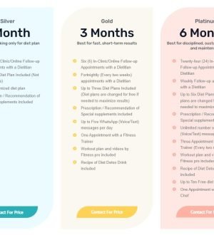 An infographic comparing three weight loss packages: Silver (1 Month), Gold (3 Months), and Platinum (6 Months). It details the specific features and benefits of each plan, including follow-up appointments, diet and workout support, and communication options.