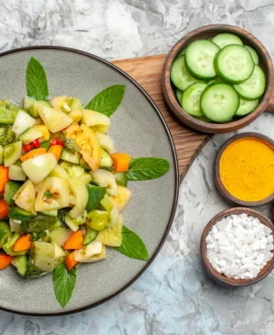 Fresh cucumber and mint salad alternative to prevent spicy food and acid reflux flare-ups.