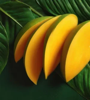 Fresh slices of ripe yellow Pakistani mangoes neatly arranged on large, textured green leaves highlighting healthy fruit portions for insulin control.