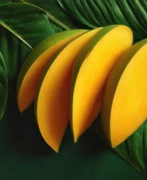 Fresh slices of ripe yellow Pakistani mangoes neatly arranged on large, textured green leaves highlighting healthy fruit portions for insulin control.